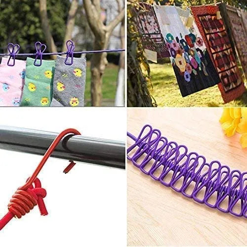 Multi Functional Portable Drying Rope with 12 Clips and 2 Hooks,